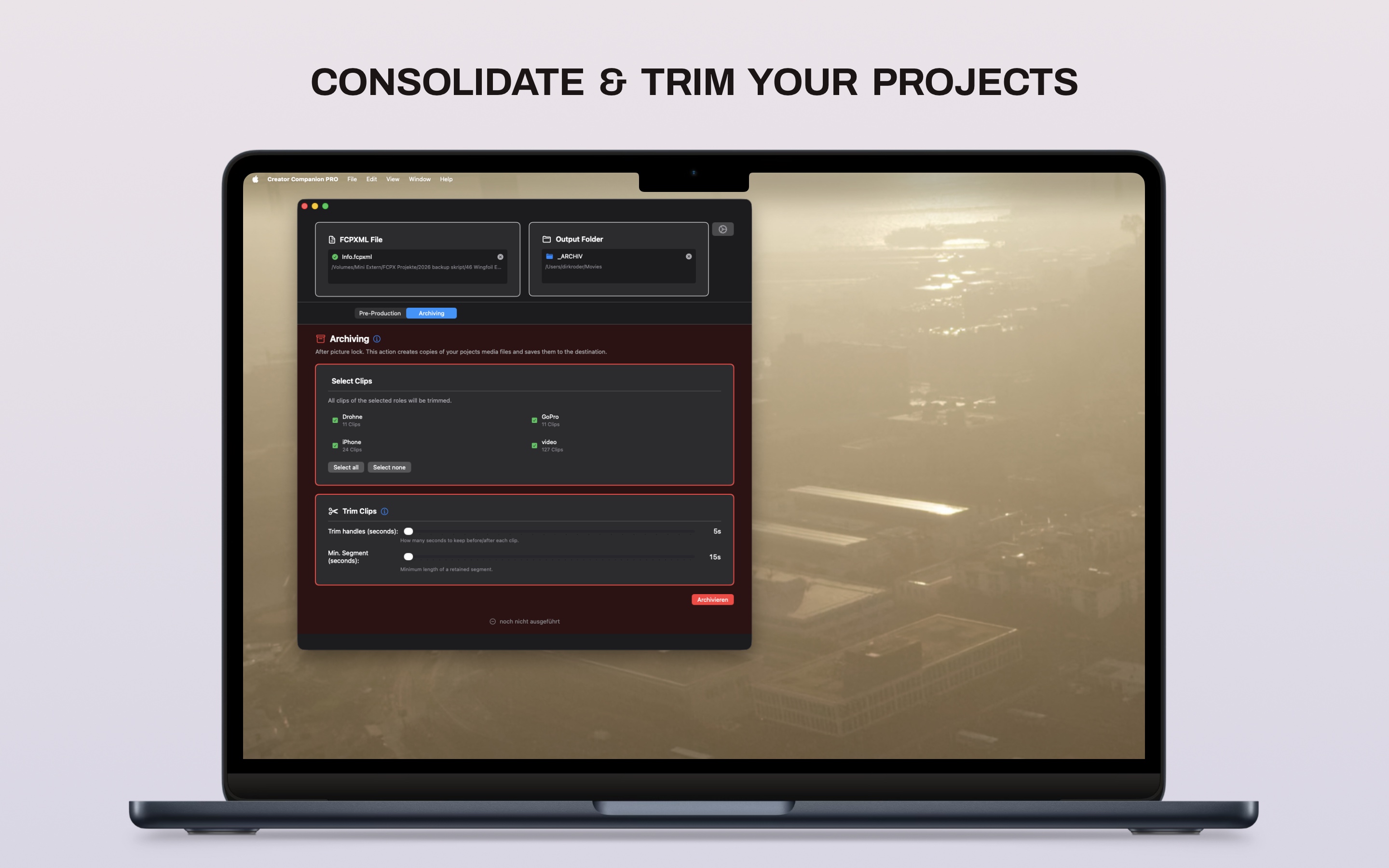 Archiving tab with clip selection and trim controls