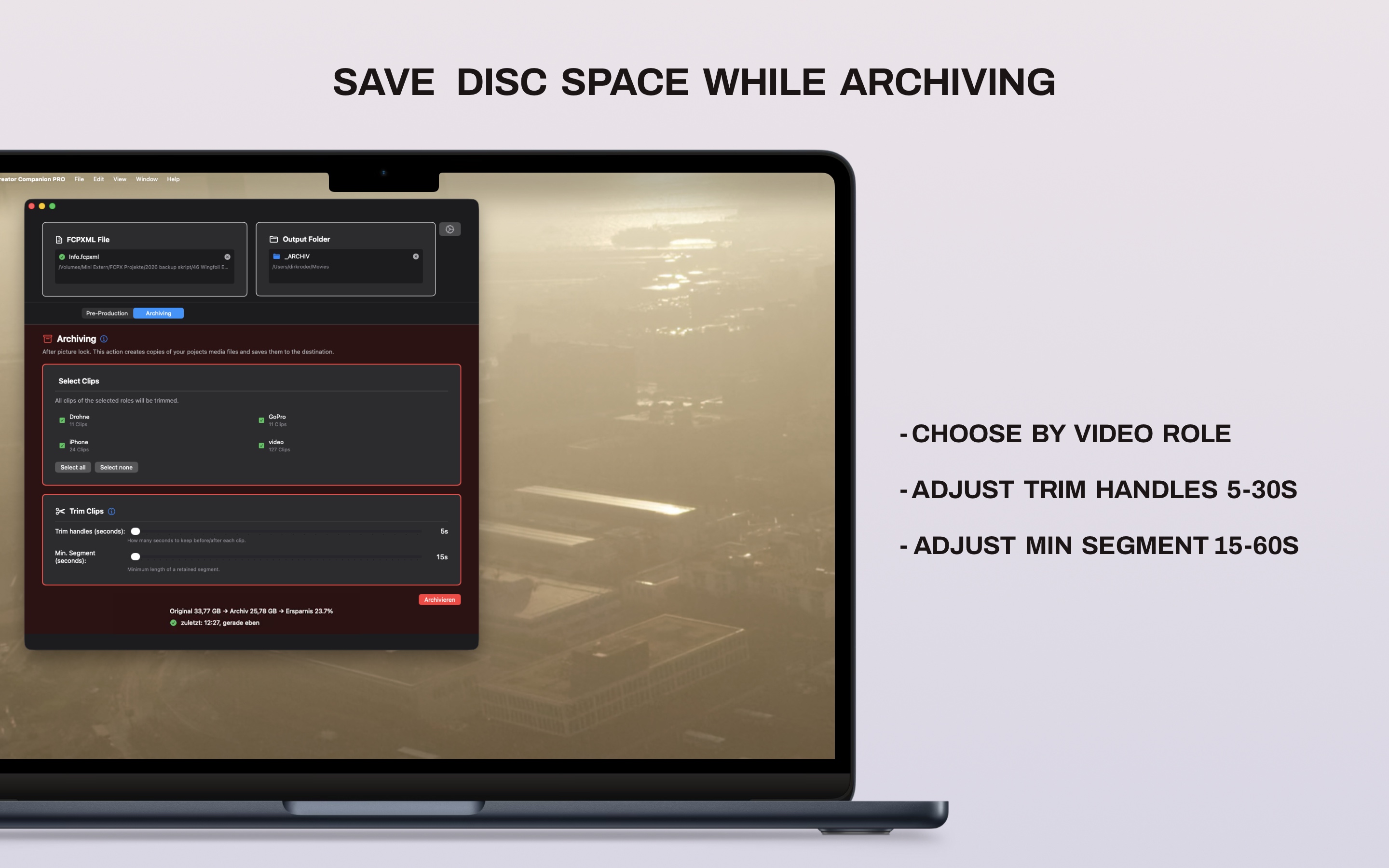Archiving view showing storage savings after consolidating and trimming media