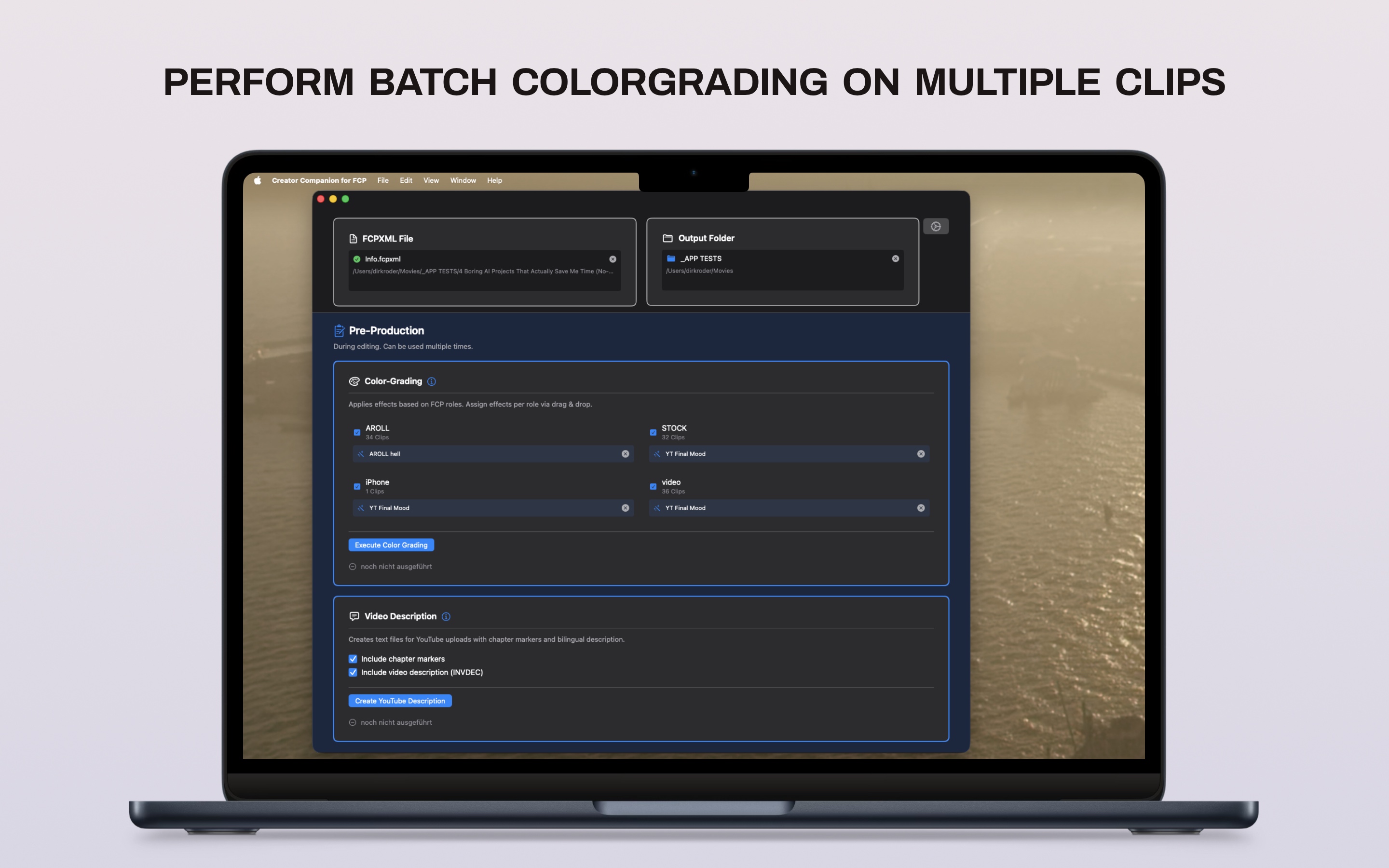Creator Companion PRO performing batch color grading on multiple clips