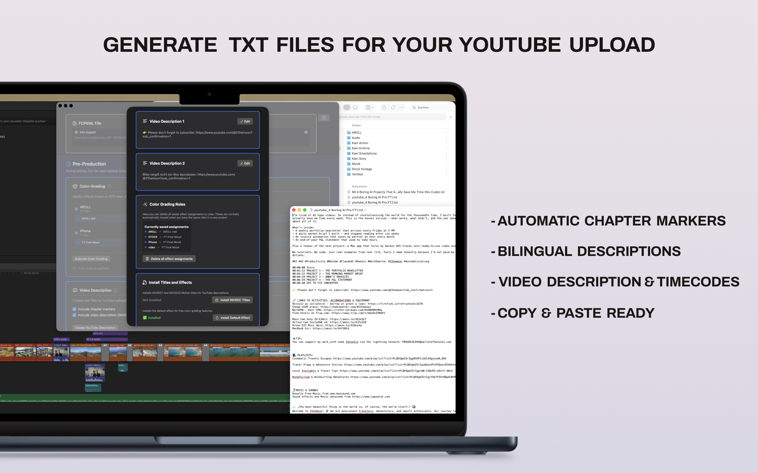Generated YouTube description text file with chapter markers and timecodes
